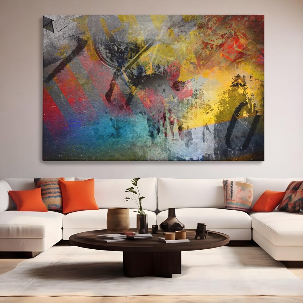 Tablou canvas cu pictura abstracta cu pete vibrante, fara rama, pe sasiu de lemn, pe perete intr-un living